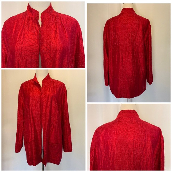 Chico’s Red Silk Embroidered Jacket Size 1 (S/M) - Picture 1 of 8
